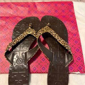 Tory Burch Brown and Tan Leopard Flip Flops